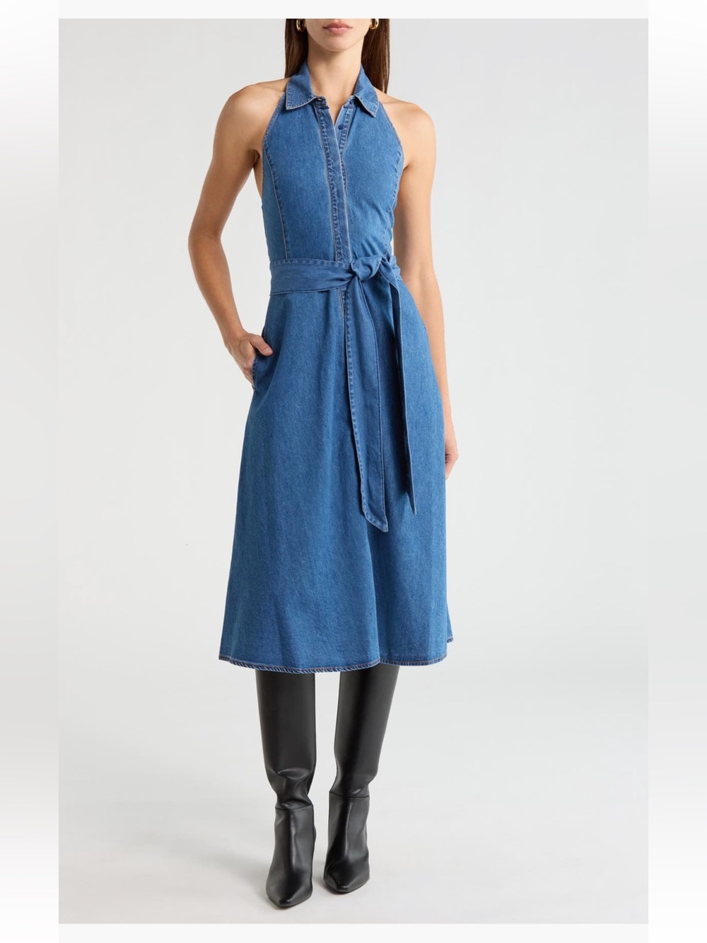 ALICE + OLIVIA Chassidy Chambray Halter Dress Size 6